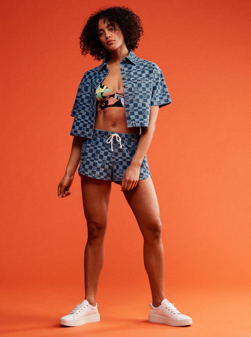 Roxy Blue Wave Club Printed Short Sleeve Crop Denim Tops | 46908-UQMB