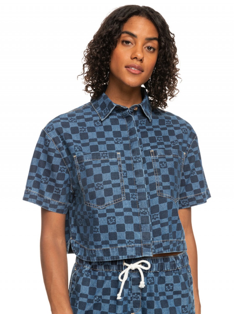 Roxy Blue Wave Club Printed Short Sleeve Crop Denim Tops | 46908-UQMB