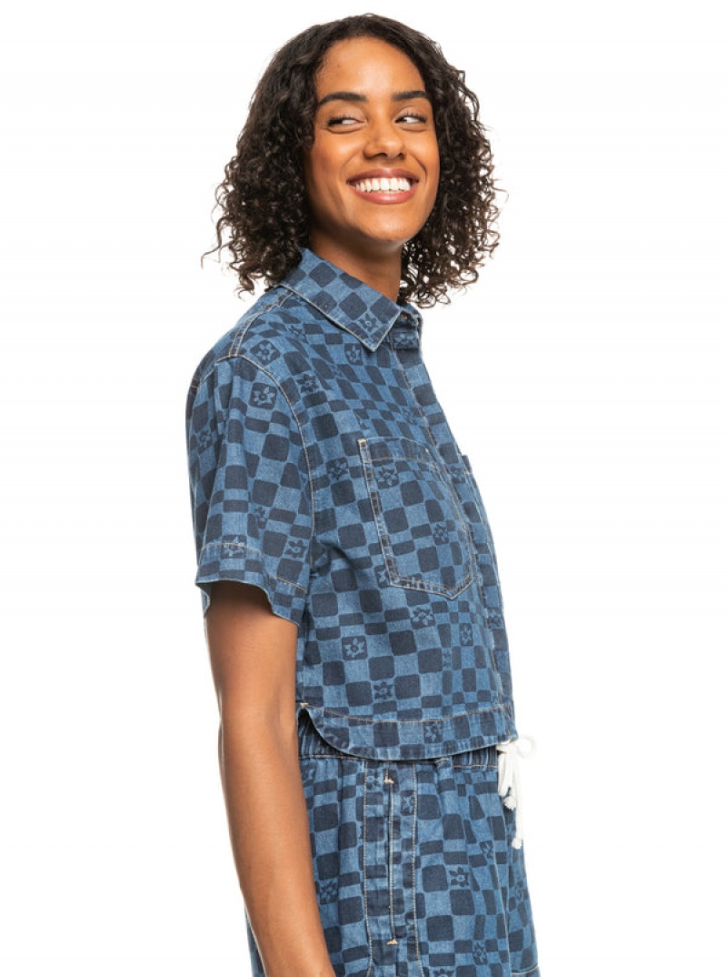 Roxy Blue Wave Club Printed Short Sleeve Crop Denim Tops | 46908-UQMB