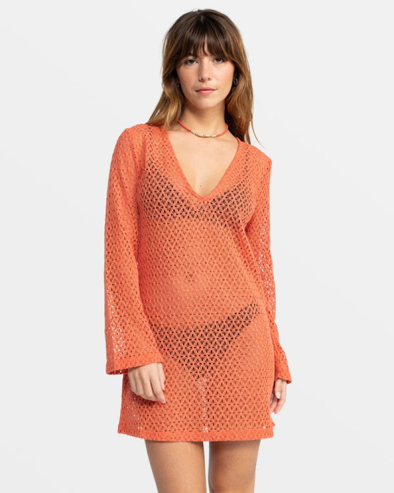 Roxy Love Coastline Long Sleeve Crochet Beach Dress | 30876-RGJY