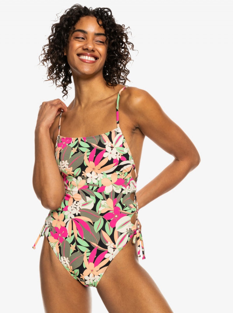 Roxy Printed Beach Classics Lace Up One-Piece Swimsuits | 75140-PCHG