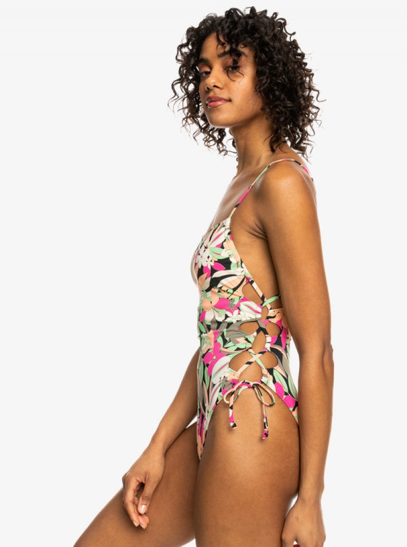 Roxy Printed Beach Classics Lace Up One-Piece Swimsuits | 75140-PCHG